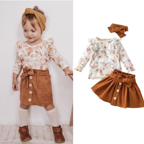 FOCUSNORM 3pcs Lovely Baby Girls Autumn Clothes Sets 0-4Y Flowers Printed Ruffles Long Sleeve Tops Button A-Line Skirts Headband