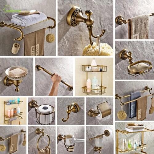 TT Antique soild brass carving bathroom accessories bronze round base wall mount bathroom hardware set toilet brush holder