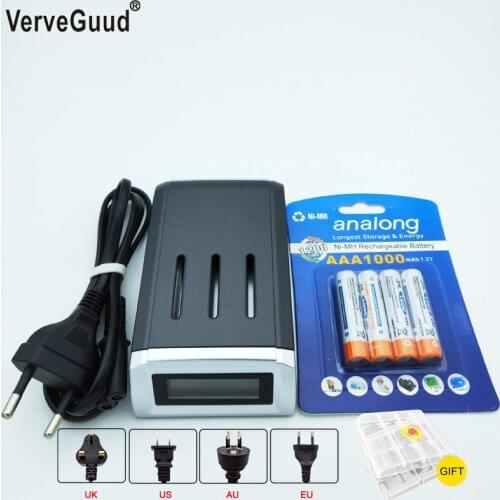 VerveGuud Intelligent LCD Display Battery Charger Charge For AA/AAA NiCd NiMh Battery + 4Pcs 1.2V aaa Rechargeable Batteries
