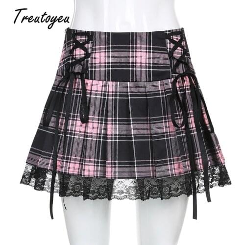 Treutoyeu E-girl Mini Black Pink Plaid Skirt Indie Goth Dark Punk Pleated Skirts Womens High Waist Lace Up Y2k Clothes