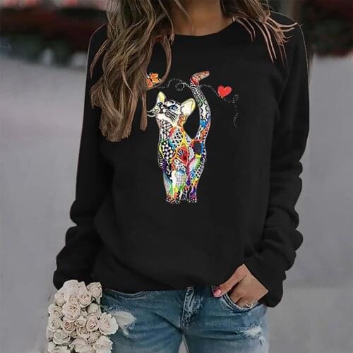 4#Women Clothes Spring Autumn Casual Pullovers Womens Clothing Funny Cute Cat 3D Print Long Sleeve T-Shirts Ladies Fashion Tops