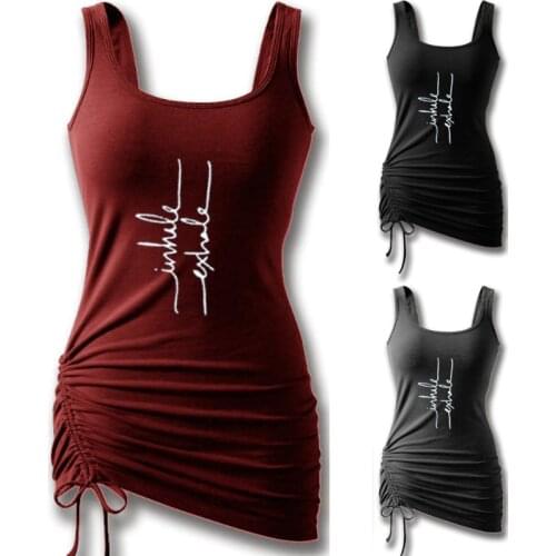 Women Large Size Solid Print Tank Tops Pleated Drawstring U-Shaped Vest Camisole For Jogging Lady Fitness Sportswear Shirt S-5XL