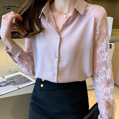 Autumn Lapel Lace Stitching Chiffon Shirts Women Fashion Hollow Polo Collar Top Cardigan Blouse Elegant Base Blouses Women 16623