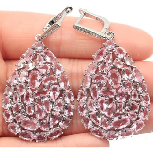 55x33mm Awesome Long Big Size Created 19g Pink Kunzite Bright Zircon Ladies Silver Earrings