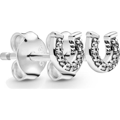Original Sparkling My Lucky Horseshoe Earrings With Crystal For Women 925 Sterling Silver Earring Gift DIY Pandora Jewelry