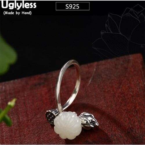 Uglyless Real 925 Sterling Silver Natural White Jade Finger Ring Lotus Floral Women Open Rings Handmade Vulcanized Silver Bijoux