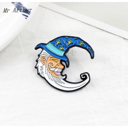 Long Beard Moon Grandpa Enamel Pin Blue Star Hat Brooch Backpack Clothes Lapel Pin Kind Old Man Jewelry Gift for Friends