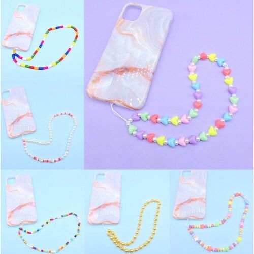 2021 Acrylic Heart Beads Mobile Phone Chain Pearl Lanyard Plastic Chains for Women Fashion Colorful Phone Strap Accessories