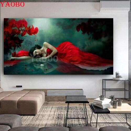 5D Diy Diamond Painting Orchids Beautiful woman in red sexy dress Full Square/Round Mosaic Pasted Embroidery Beads Cross Stitch