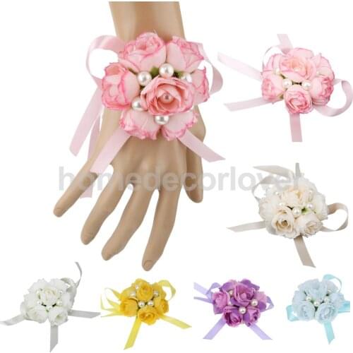 Wrist Corsage Bracelet Sisters Bridesmaid Faux Pearls Rose Hand Flowers Wedding Party Bridal Prom