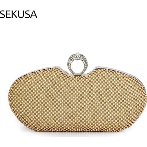 Silver Gold Black Color Diamonds Day Clutches Finger Ring Diamonds Shoulder Chain Evening Bags Purse Holder