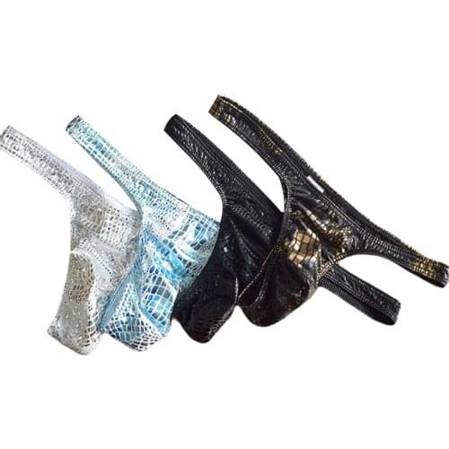 Men Underpants Serpentine Print Low Waist Underpants Briefs Thong Boys Light Blue Black Silver White Golden Babydolls Underwear