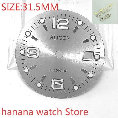 Bliger 31.5mm Square Dial Date Kit with Hands Miyota 8215/8205/821A ETA 2824/2836 Mens Watch Night Plate Parts Silver gray