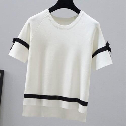 Summer New Knitted T-shirts Women Korean Fashion Casual White Thin Short Sleeve O Neck Soild Tshirt Woman Tee Shirt Femme Tops