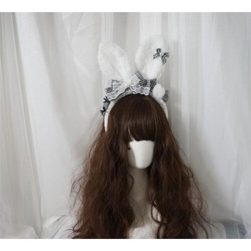 Handmade Kawaii Girls Lolita Rabbit Ears KC Headband Side Clip Headband Necklace D481