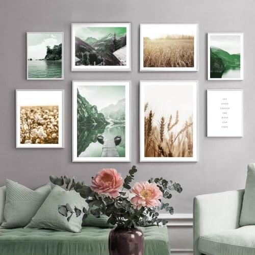 Natural Mountain Calm Lake Cotton Wheat Reef Nordic Poster Wall Art Print Canvas Painting Decoration Pictures For Living Room