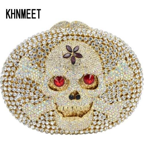 Latest Skull Shape Evening Bag Luxury Crystal Clutches Evil Eye Diamond Party Purse Wedding Bride Golden Banquet Bag Handbag 460
