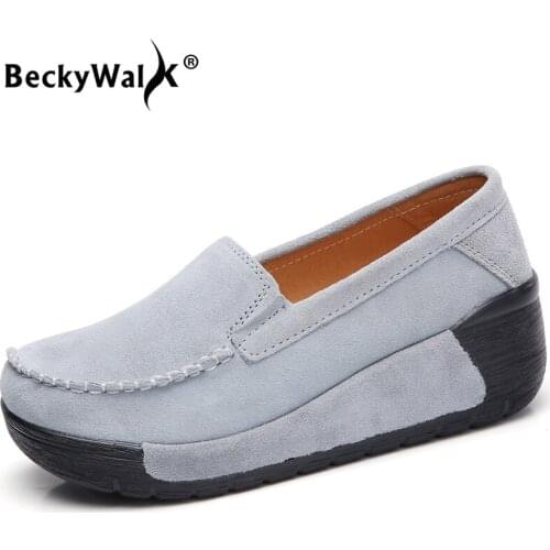 BeckyWalk 2021 New Autumn Suede Leather Women Flats Shoes Women Sneakers Platform Slip On Shoes Woman Moccasins Leather WSH2895