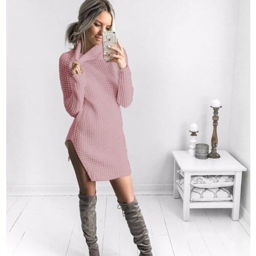 New arrival Sexy Club Winter Pink Turtleneck women sweater Hollow Multicolor Patchwork female Split dress sweater girl