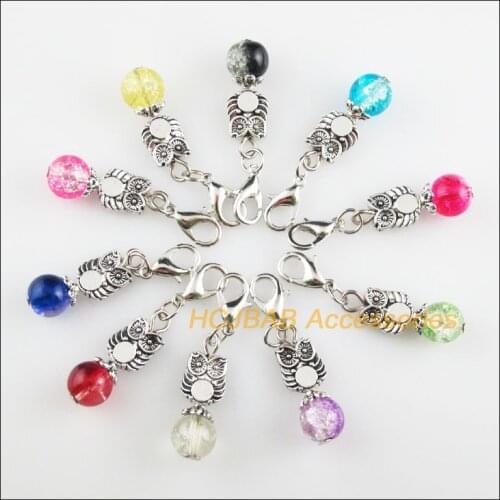 10 New Owl 8x19mm Charms Mixed Shivering Glass Tibetan Silver Plated Retro With Lobster Claw Clasps