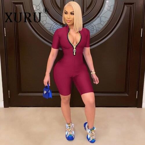 XURU Casual Womens Short Jumpsuit 2021 European and American New Style Hot Summer Solid Color Zipper Jumpsuit