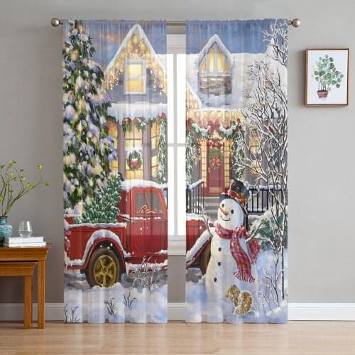 Christmas Snowman Christmas Tree Truck Tulle Curtains Kitchen Door Curtain Sheer Voile Christmas Curtains for Living Room