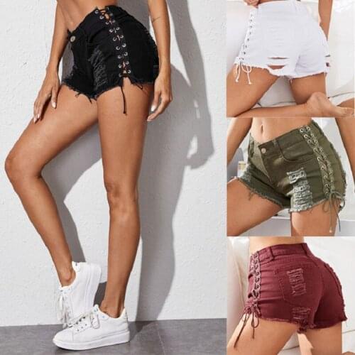 Sexy Summer Women Denim Shorts New Ripped Hole Jeans Short Femme Side Lace Up Bandage Hotpants