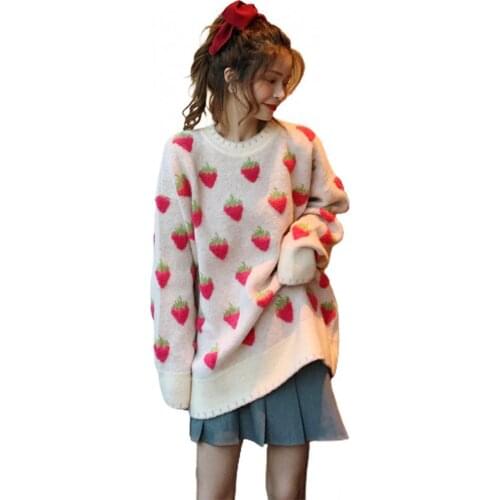 Ele-Choices Girl Loose Sweet Lazy Retro Japanese O-Neck Strawberry Print Long Sleeve Sweater