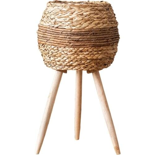 Woven floor flower stand high-grade handmade straw flower basket flower pot with legs living room balcony European decoration