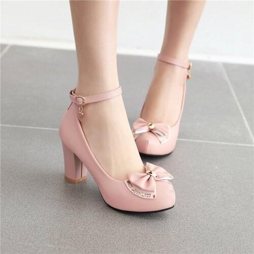 YQBTDL Spring 2020 Rhinestone Bowtie High Heels Women Pumps Party Sweet Pink Black White Bride Wedding Block Heel Ladies Shoes