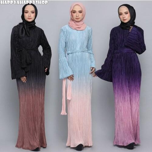 Gradient Color Party Dresses Women Dubai Flare Sleeve Dress Maxi Robe Muslim Islamic Pleated Abaya Kaftan Jilbab Turkish Clothes
