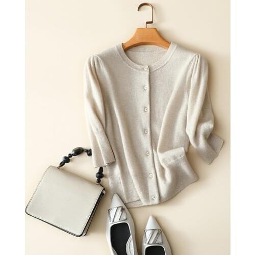 Spring autumn new style half sleeve crew neck 100% cashmere cardigan button sweater for women