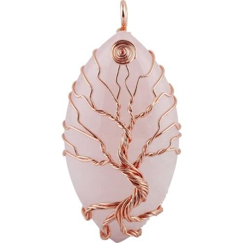 SUNYIK Pink Quartz Crystal Tree of Life Pendant Oval Handmade Copper Wire Wrapped Jewelry