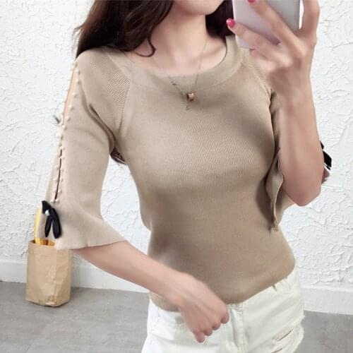 Shintimes Sexy Hollow Out T Shirt Women Knitted Tops Short Sleeve Fashion Beading Tee Shirt Femme Womens Clothing Bow Tshirts