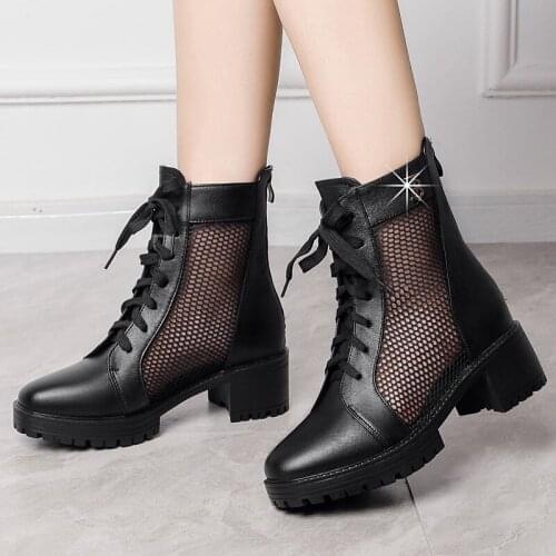 Vogue Nice New Genuine Leather Vogue Womens Shoes Summer Ankle Boots Womens Sandals High Heels Lace-up Mesh Ladies Shoes