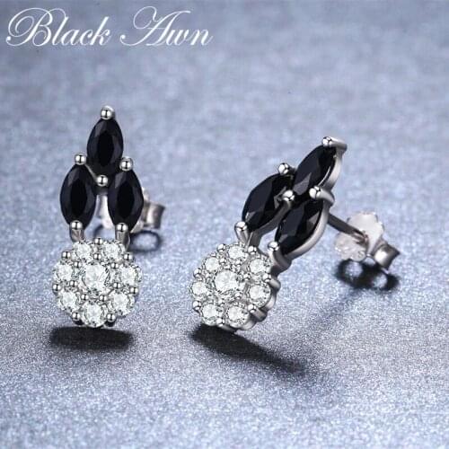 New Arrival 100% Genuine 925 Sterling Silver Jewelry Black Spinel Stone Cute Party Stud Earrings for Women Bijoux Femme I094