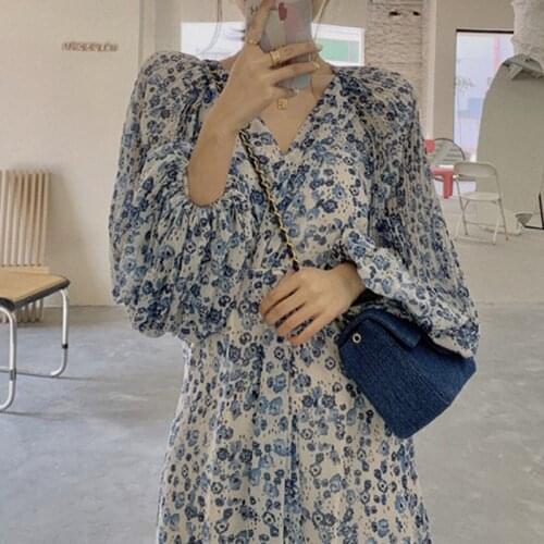 Vintage Floral Dress Women Elegant Chiffon Korean Party Dress Puff Long Sleeve V Neck Midi Dress Fall Dresses for Women