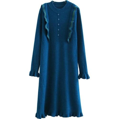 PERHAPS U Knitted Blue Pink Khaki Long Sleeve Ruffle Stand Collar Knee Length Dress Autumn Elegant Button Spring D1456