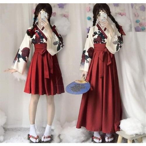 Japanese Style girl Retro Kimono Floral Long Sleeve Woman Party Dress Summer Fashion Outfits Top Bow Skirt Haori B285