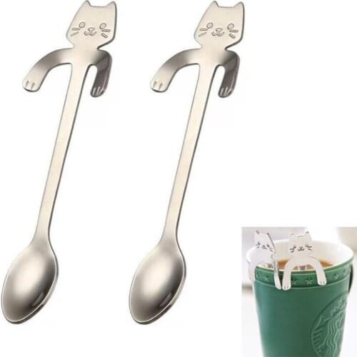 2Pcs Stainless Steel Teaspoons Mini Cat Kitten Spoons Coffee Tea Dessert Spoon Drink Mixing Milkshake Spoon Tableware Gift Set