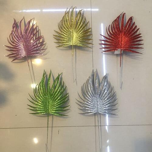 20pcs 30cm Glitter Powder Fan Leaf Branch Flower Arrangement For Christmas Party Tree Venun Hanging Decoration