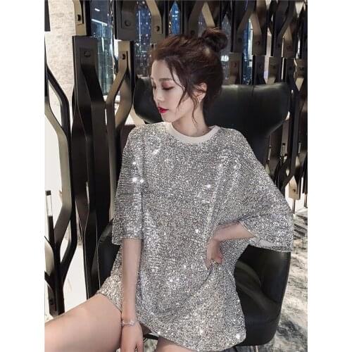 2021 Short-sleeved T-shirt Loose and Thin Sequined Heavy Industry T-shirt Casual Ladies Sexy Bright Glittering Collar T-shirt