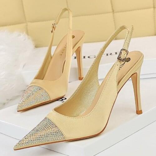 2021 Summer Women 9.5cm High Heels Crystal Sandals Silk Satin Stripper Fetish Heels Slingback Plus Size 43 Bridal Fashion Shoes