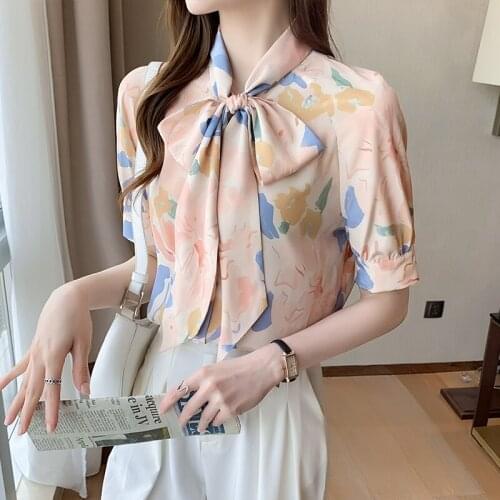#8214 Summer Slim Casual Vintage Printed Shirt Women Short Sleeve Bow Neck Chiffon Shirt Femme Loose Office Ladies Blouses Retro