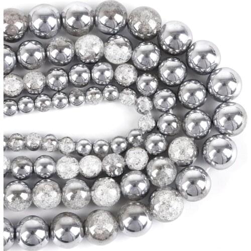 New 6/8/10/12mm One Side Plated Silvery White Snow Cracked Crystal Natural Stone Beads For Jewelry Making DIY Bracelet Necklace