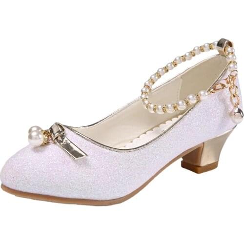 Childrens Crystal Shoes New White Pupil High Heels 4-12 Years Girls Priness Shoes