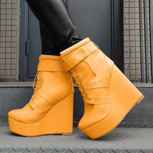 DOHBANER Women Platform Wedges Boots Handmade Booties Faux Leather Comfrotable Botas Shoes Woman Plus Size 43 44 46 47 50 52