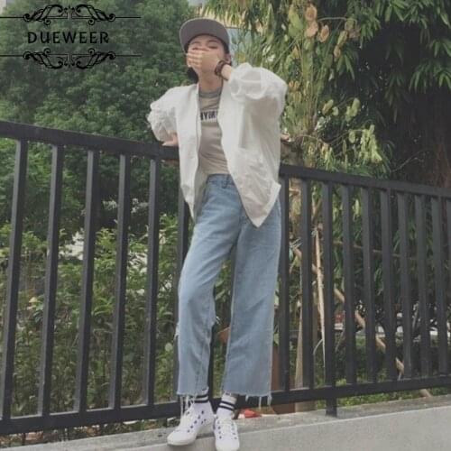 Dueweer Women Denim Ankle-length Jeans Flare Fur-lines Trousers Summer Fall BF Ulzzang Washed Outwear