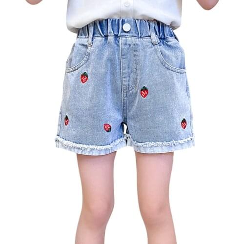 Girls Short Jeans Embroidery Jeans Kids Girl Cuffs Childrens Jeans Summer Childrens Jeans Clothes 6 8 10 12 14