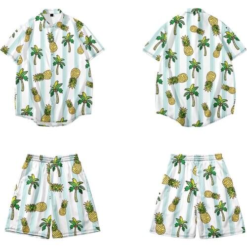 Pineapple Coconut Tree Printed Summer Hawaiian Mens Sets Short Sleeve Shirt And Shorts Two Piece Suit Oversize 6XL